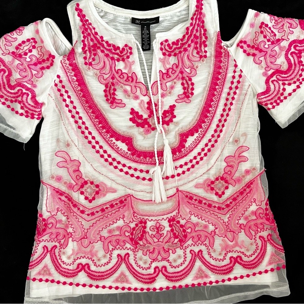INC International Concepts Pink and White Graphic Cutout Embroidered Blouse, L
